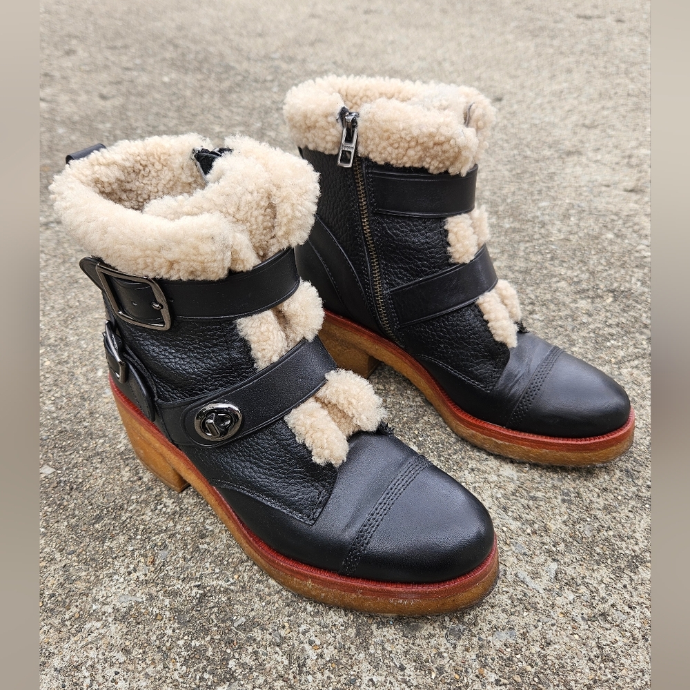 Coach Preston Black Leather Shearling Moto Biker Heeled Boots Buckle 7.5B Zip Up